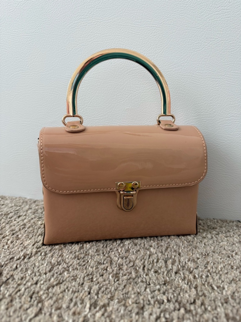Nude Patent Top-Handle Satchel Bag